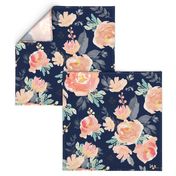 21" Coral Grey and Mint Florals Navy Background