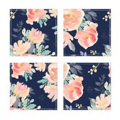21" Coral Grey and Mint Florals Navy Background