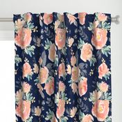 21" Coral Grey and Mint Florals Navy Background