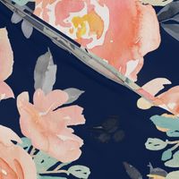 21" Coral Grey and Mint Florals Navy Background