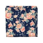 21" Coral Grey and Mint Florals Navy Background