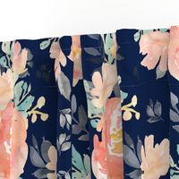 21" Coral Grey and Mint Florals Navy Background