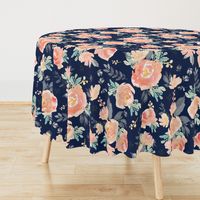 21" Coral Grey and Mint Florals Navy Background