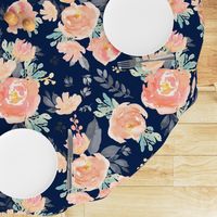 21" Coral Grey and Mint Florals Navy Background