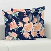 21" Coral Grey and Mint Florals Navy Background