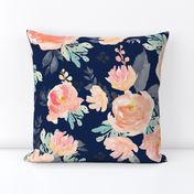 21" Coral Grey and Mint Florals Navy Background