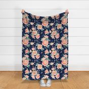 21" Coral Grey and Mint Florals Navy Background