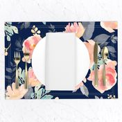 21" Coral Grey and Mint Florals Navy Background