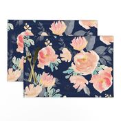 21" Coral Grey and Mint Florals Navy Background