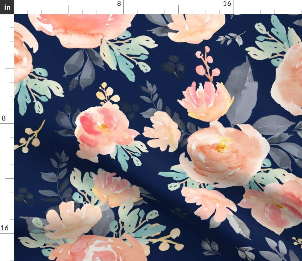 21" Coral Grey and Mint Florals Navy Background