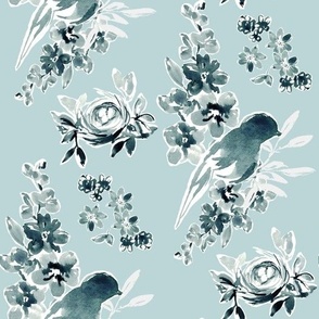 Blue Bird and Nest Fabric, light blue fabric