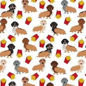 Dachshund (smaller scale) dog breed pet fabric pattern french fries white