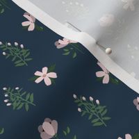 Pink Floral Calico On Marine  Blue