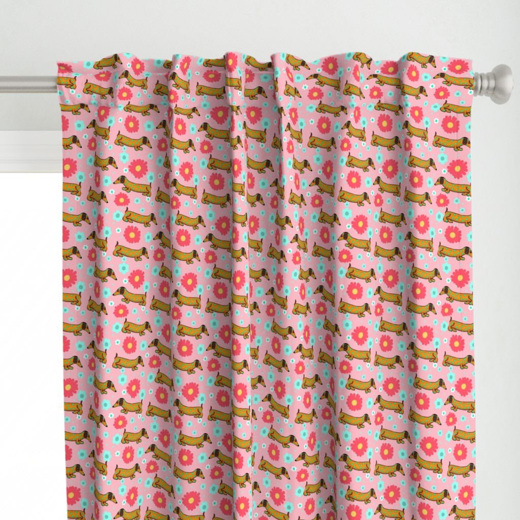 The Dotted Dachshund Garden Party / slant on pink / Dog Print 