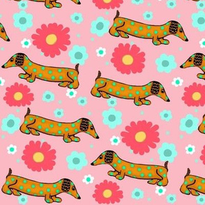 The Dotted Dachshund Garden Party / slant on pink / Dog Print 