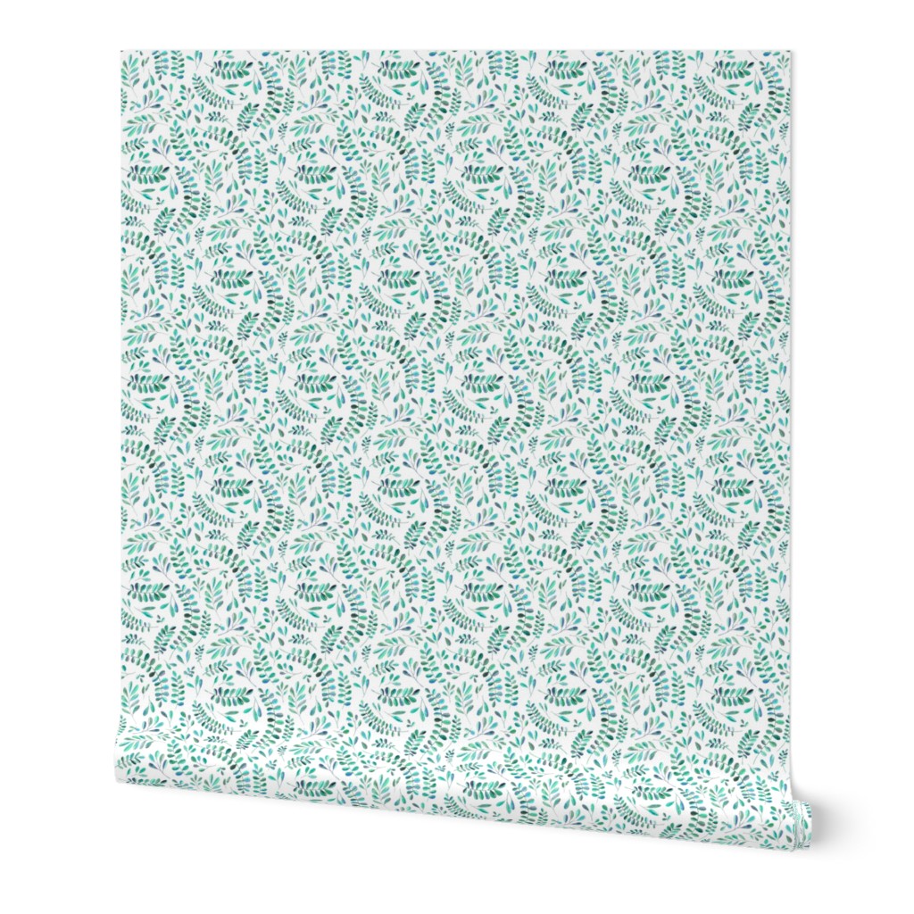 Scattered Emerald and Turquoise leaves on white - small print