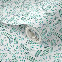 Scattered Emerald and Turquoise leaves on white - small print