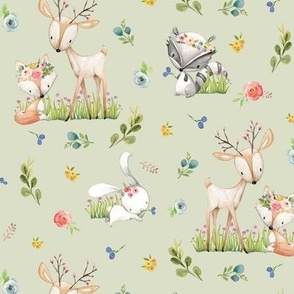 Woodland Friends (soft green) - Deer Fox Raccoon Bunny Flowers Baby Girl Nursery Blanket Sheets Bedding