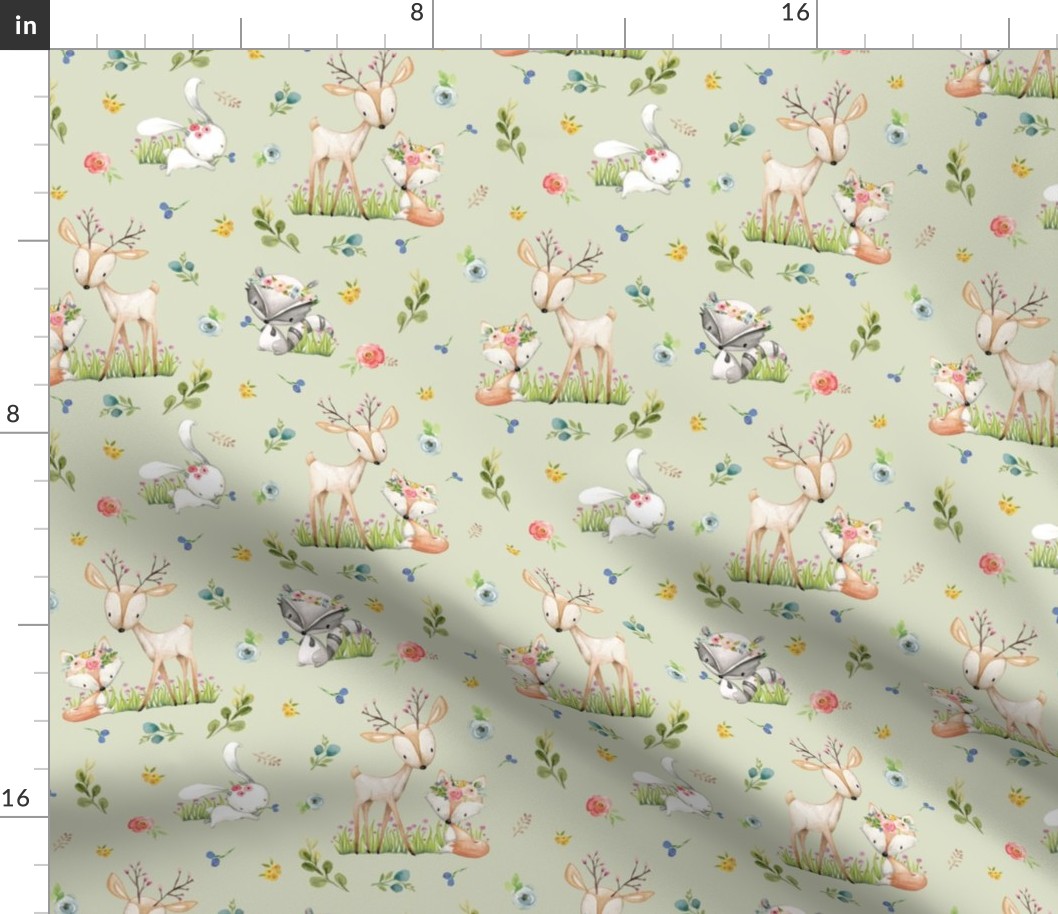 Woodland Friends (soft green) - Deer Fox Raccoon Bunny Flowers Baby Girl Nursery Blanket Sheets Bedding