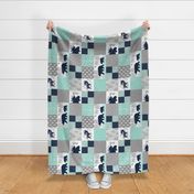 Camp Yellowstone Cheater Quilt (rotated) – Bears Moose Wholecloth – Navy Gray Mint Design