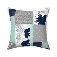 Camp Yellowstone Cheater Quilt (rotated) – Bears Moose Wholecloth – Navy Gray Mint Design