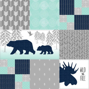 Camp Yellowstone Cheater Quilt – Bears Moose Wholecloth – Navy Gray Mint Design