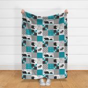 Camp Yellowstone Cheater Quilt – Bears Moose Wholecloth – Black Gray Teal Design