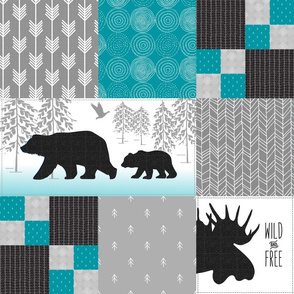 Camp Yellowstone Cheater Quilt – Bears Moose Wholecloth – Black Gray Teal Design