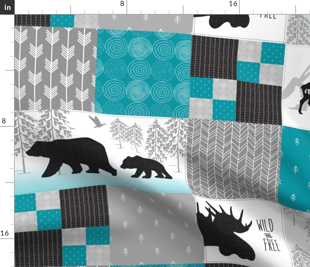 Camp Yellowstone Cheater Quilt – Bears Moose Wholecloth – Black Gray Teal Design