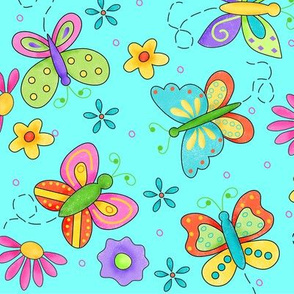 Butterfly Garden Whimsy Turquoise Blue Large