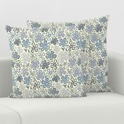 Patchwork Blue Line Flowers, blues, gray on Cream, Medium  version