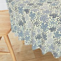 Patchwork Blue Line Flowers, blues, gray on Cream, Medium  version