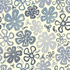 Patchwork Blue Line Flowers, blues, gray on Cream, Medium  version