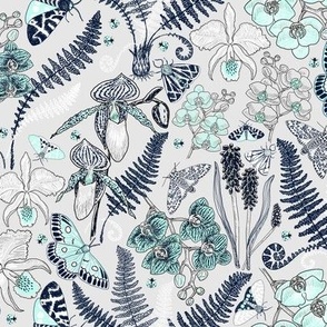 Orchid Botanical Study #021318 (mint-navy on silver)