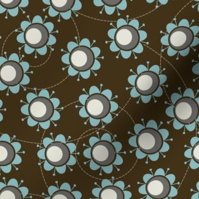 Retro blue floral dance on a warm brown backdrop with dotted line connections.