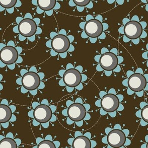 Retro blue floral dance on a warm brown backdrop with dotted line connections.