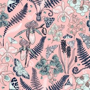 Orchid Botanical Study #021318 (navy-mint on peach)