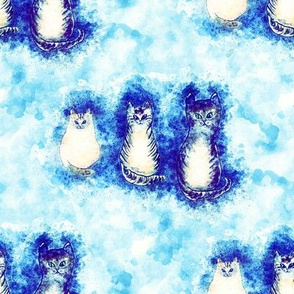 3 LITTLES CATS BLUE TURQUOISE watercolor