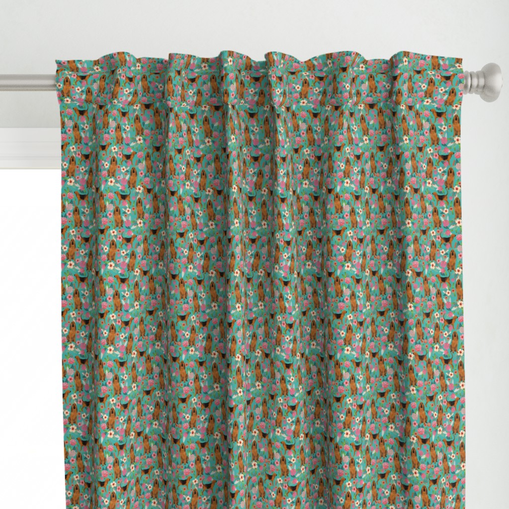 bloodhound dog fabric (smaller scale) dogs and florals -turquoise