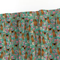 bloodhound dog fabric (smaller scale) dogs and florals -turquoise