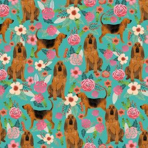 bloodhound dog fabric (smaller scale) dogs and florals -turquoise