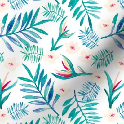 Birds of paradise tropical summer botanical garden palm print blue