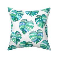 Heart Shaped Watercolor Monstera Leaves - blue green & white - large