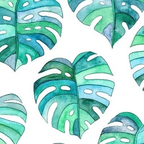 Heart Shaped Watercolor Monstera Leaves - blue green & white - large