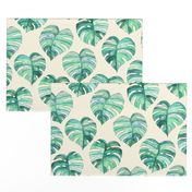 Heart Shaped Watercolor Monstera Leaves - green & cream - large