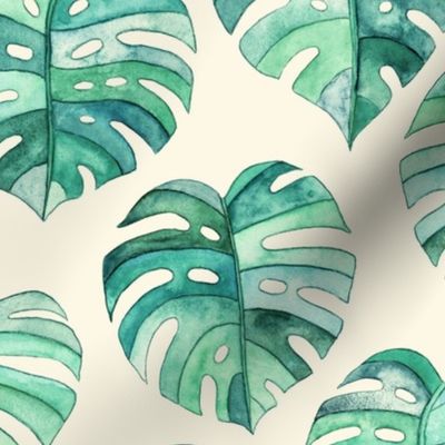 Heart Shaped Watercolor Monstera Leaves - green & cream - large