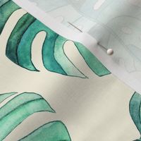 Heart Shaped Watercolor Monstera Leaves - green & cream - large