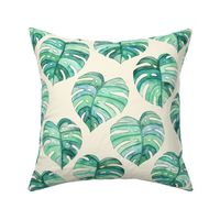 Heart Shaped Watercolor Monstera Leaves - green & cream - large