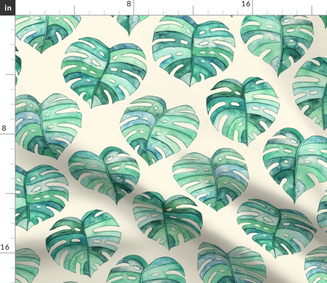 Heart Shaped Watercolor Monstera Leaves - green & cream - large