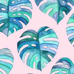Heart Shaped Watercolor Monstera Leaves - blue purple & pink - large